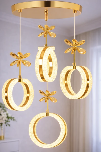 4'LÜ ALYANS GOLD 3 RENK MODLU KRİSTAL TAŞLI LEDLİ AVİZE ürün görseli 1