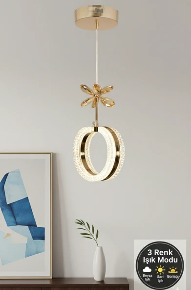 TEKLİ ALYANS GOLD 3 RENK MODLU KRİSTAL TAŞLI LEDLİ SARKIT AVİZE ürün görseli 1