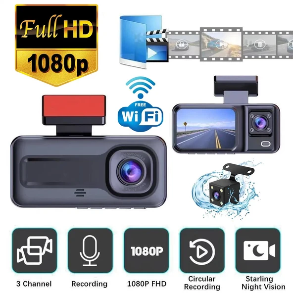 Araç İçi FullHD 3 Kameralı A98 170° Derece Açılı Yol Takip, İç Mekan ve Arka Kamera Kayıt ürün görseli 1