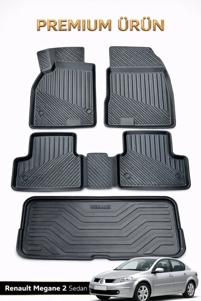Black Gold Renault Megane 2 Sedan Uyumlu 3D Oto Paspas ve Bagaj Havuzu Set Premium ürün görseli 1