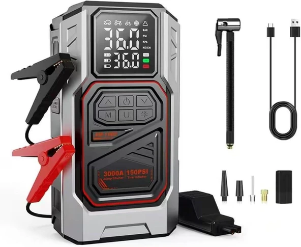 Harvox Akü Takviye Cihazı | 4'ü 1 Arada Powerbank, Hava Kompresörü, LCD Ekran, 10.000mAh 150PSI ürün görseli 1