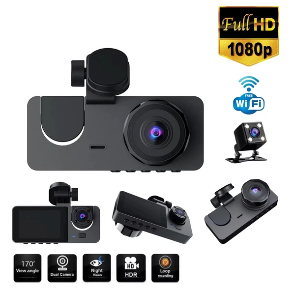 Araç İçi FullHD 3 Kameralı Y15 170° Derece Yol Takip, İç Mekan ve Arka Kamera Kayıt ürün görseli 1