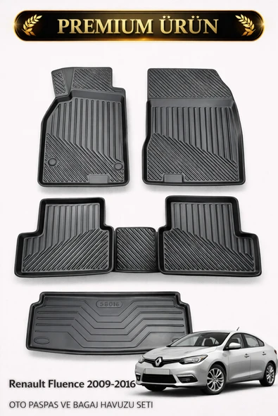 Black Gold Renault Fluence Uyumlu 3D Oto Paspas ve Bagaj Havuzu Set Premium ürün görseli 1