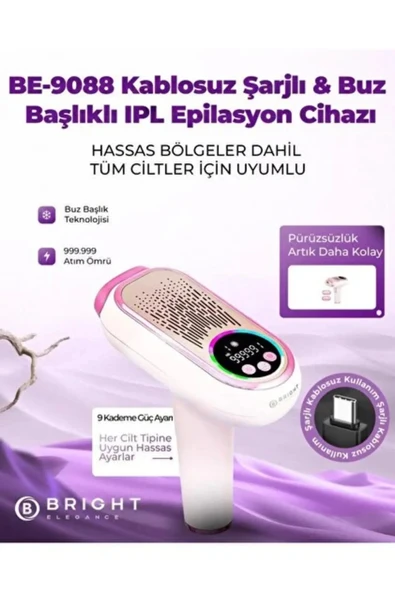 Bright Elegance BE-9088 Şarjlı Ipl Lazer Epilasyon Cihazı 999.999 Atım 9 Kademe Buz Başlık Hassas Dar Bölge Başlığı ürün görseli 1