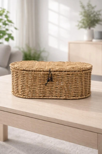 Kapaklı Rattan Oval Organizer Sepet – Doğal Hasır Dekoratif Çok Amaçlı Saklama Kutusu ürün görseli 1