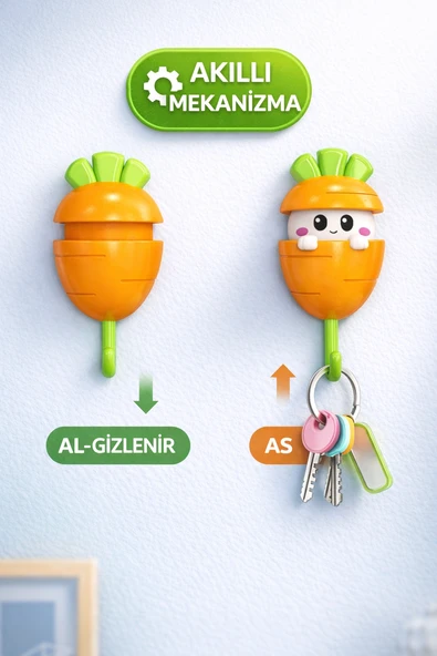 1 Adet Havuç Tasarımlı Otomatik Açılan Yapışkanlı Askı Anahtarlık Havlu Çanta Duvar Askısı ürün görseli 1