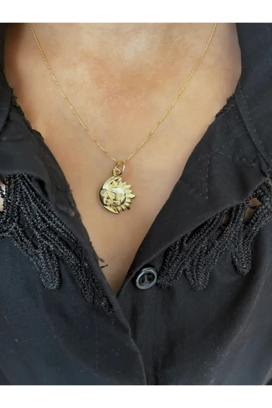 925 Ayar Gümüş Güneş Ve Ay Tasarım Gold Kolye ürün görseli 1