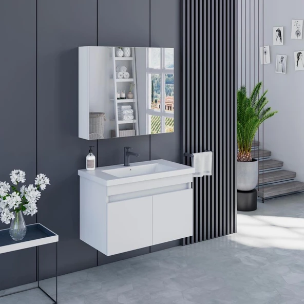 Banyo Dolabı 80 CM İcon Ayna Dolaplı Alt Üst Modül Ve Seramik Lavabo QuarterBath ürün görseli 1