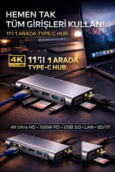 11in1 Type-C Hub USB 3.0 HDMI 4K VGA LAN SD/TF 100W PD Çoklayıcı Adaptör Dönüştürücü ürün görseli 1