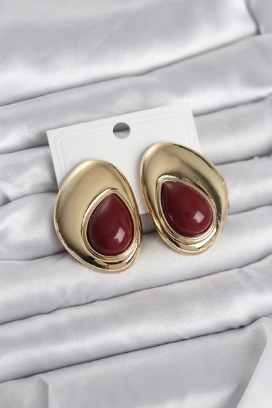 Pirinç Gold Renk Bordo Taşlı Damla Model Vintage Kadın Küpe - TJ-BKP11682 ürün görseli 1