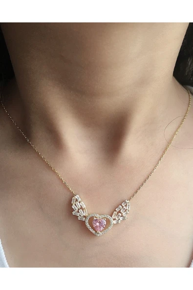 925 Ayar Gümüş Angel Heart Pembe Zirkon Taşlı Tasarım Kolye ürün görseli 1