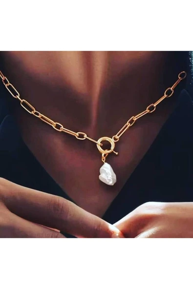 Kadın Gold 925 Ayar Gümüş İnci Taşlı Halka Tasarım Kolye ürün görseli 1