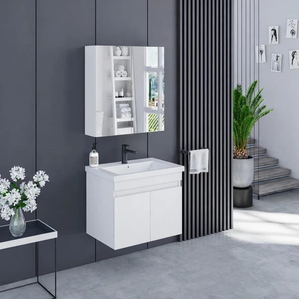 Banyo Dolabı 65 CM İcon Ayna Dolaplı Alt Üst Modül Ve Seramik Lavabo QuarterBath ürün görseli 1