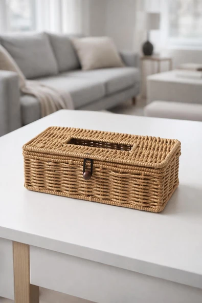 El Yapımı Rattan Peçetelik Kutusu Kapaklı,Kağıt Masaüstü Peçetelik ürün görseli 1