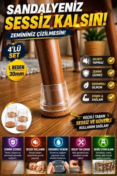 4’lü Keçeli Şeffaf Silikon Sandalye Ayak Koruyucu | Sessiz Zemin Çizmez L Beden 30mm ürün görseli 1