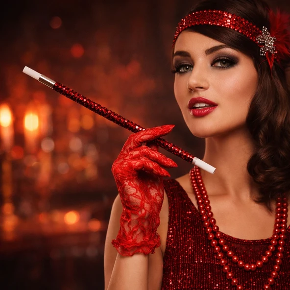 30 cm Kırmızı Payetli Sigara Tutacağı – 1920’ler Gatsby Parti Aksesuarı ürün görseli 1