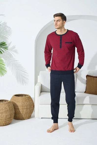 Kly 9246 Premium Erkek Pamuklu Yaka Reçme Düğmeli Uzun Kollu Paça Lastikli Pijama Takım ürün görseli 1
