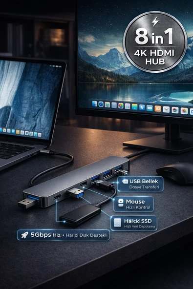 8 in 1 Type-C USB Hub HDMI 4K PD Şarj SD Kart Okuyucu MacBook Notebook Uyumlu Adaptör ürün görseli 1