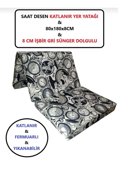 LÜKS KATLANIR YATAK 80x180x8 CM SÜNGER DÜNYA SAAT DESEN ürün görseli 1