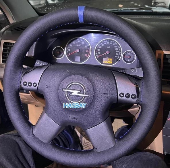 DİKİŞLİ DİREKSİYON KILIFI SİYAH DERİ MAVİ YÜZÜK MAVİ DİKİŞLİ OPEL VECTRA C ASTRA İÇİN ürün görseli 1