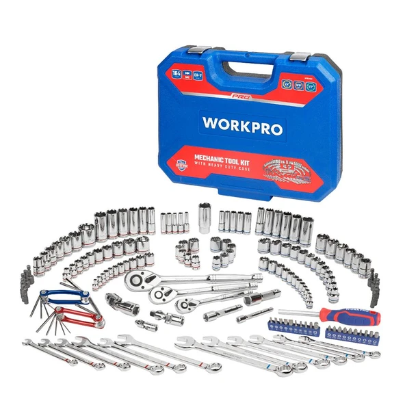 WORKPRO WP202530 1/4'’ 3/8’’ 1/2'’ Metrik/İnç 164 Parça Cr-V Ağır Hizmet Lokma ve Kombine Anahtar Takımı ürün görseli 1