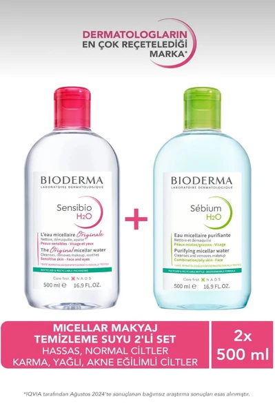 Bioderma H2O Micellar Makyaj Temizleme Suyu 2'li Set Hassas ve Normal & Karma, Yağlı ve Akne Eğilimli Ciltler ürün görseli 1