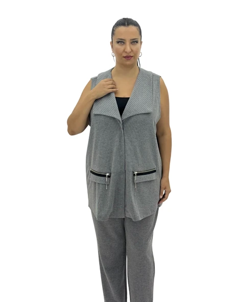 Büyük Beden Viskon Gri Çizgili Yelek Pantolon Oversize Kadın Takım ürün görseli 1