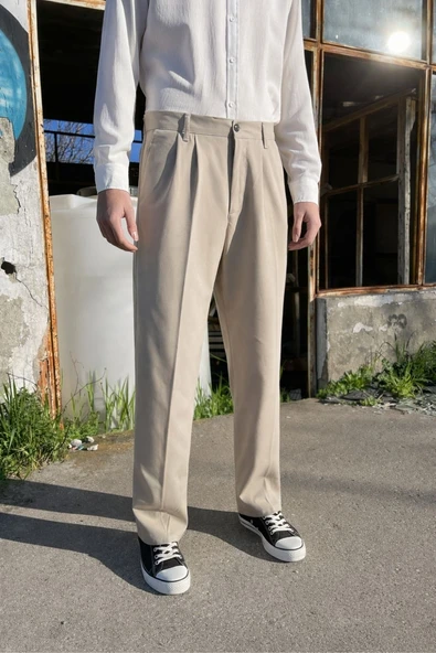 Premium Baggy Kumaş Pantolon Bej ürün görseli 1