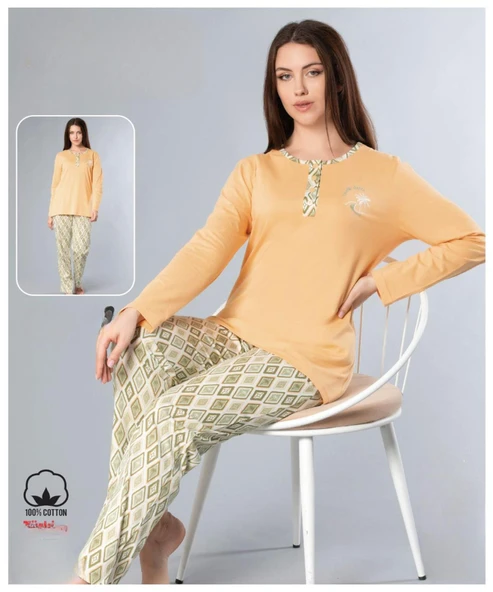 Melodi Kadın Standart Kalıp %100 PAMUK Düğmeli Yaka Uzun Kol Baharlık Pijama Takımı 16166- 1 Adet  L Turuncu ürün görseli 1