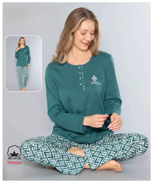 Melodi Kadın Standart Kalıp %100 PAMUK Düğmeli Yaka Uzun Kol Baharlık Pijama Takımı 16167- 1 Adet  L Yeşil ürün görseli 1