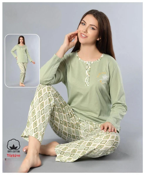 Melodi Kadın Standart Kalıp %100 PAMUK Düğmeli Yaka Uzun Kol Baharlık Pijama Takımı 16165- 1 Adet  L Yeşil ürün görseli 1