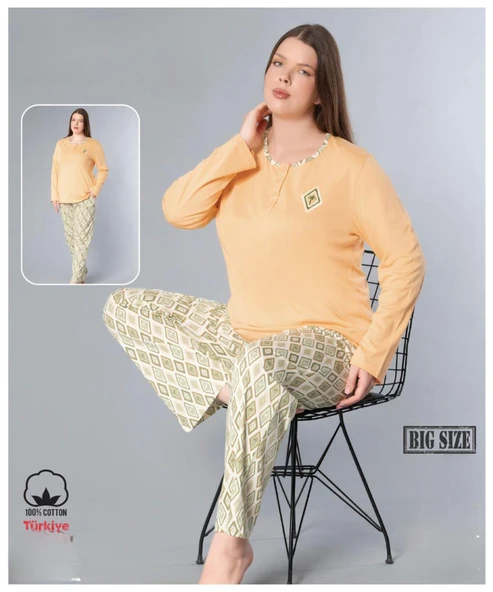 Melodi Kadın Büyük Beden Standart Kalıp %100 PAMUK Düğmeli Yaka Uzun Kol Baharlık Pijama Takımı 17096- 1 Adet  4XL Turuncu ürün görseli 1