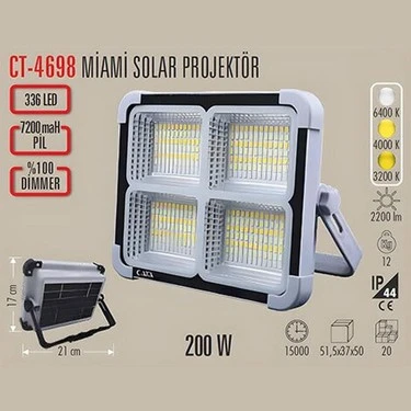 Cata CT-4698 Taşınabilir Solar Projektör Güneş Enerjili 3 Renk Modu Dimmerli ve Şarjlı LED Işık ürün görseli 1