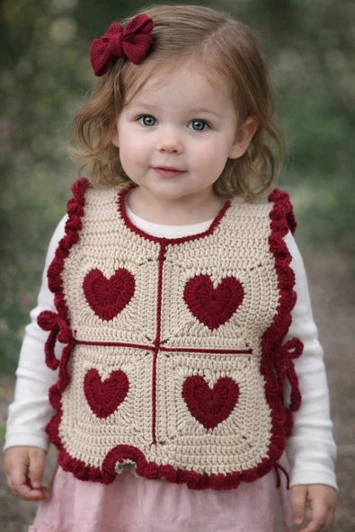 El Yapımı Kalpli Örgü Çocuk Yeleği Krem & Bordo Detaylı Özel Tasarım Amigurumi Tarz ürün görseli 1