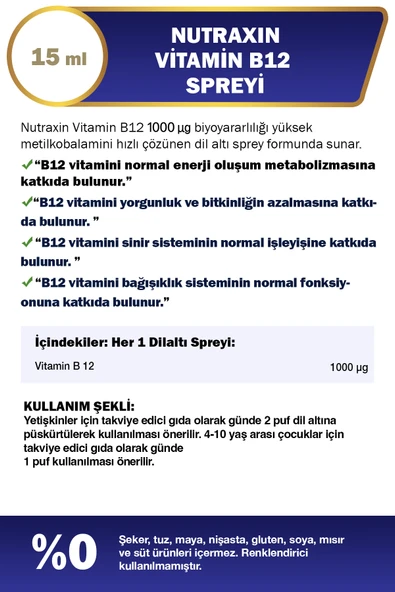 NUTRAXIN B12 VITAMIN SPREY 15 ML - Resim 2