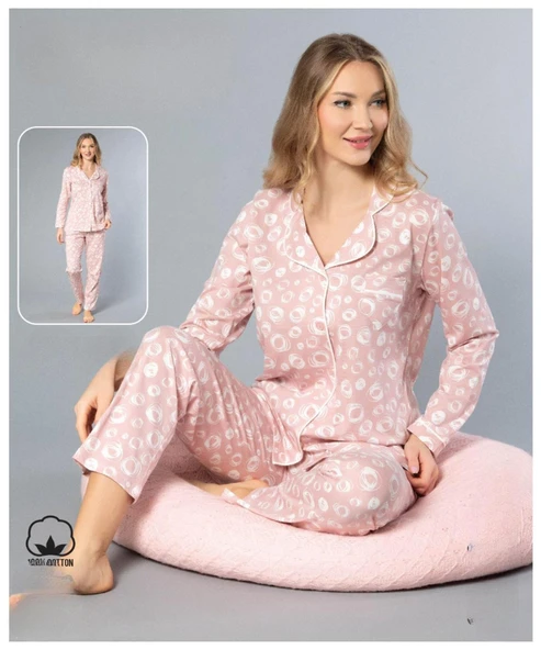 Melodi Kadın Standart Kalıp %100 PAMUK Önden Düğmeli Uzun Kol Baharlık Pijama Takımı 16147- 1 Adet  L Pembe ürün görseli 1