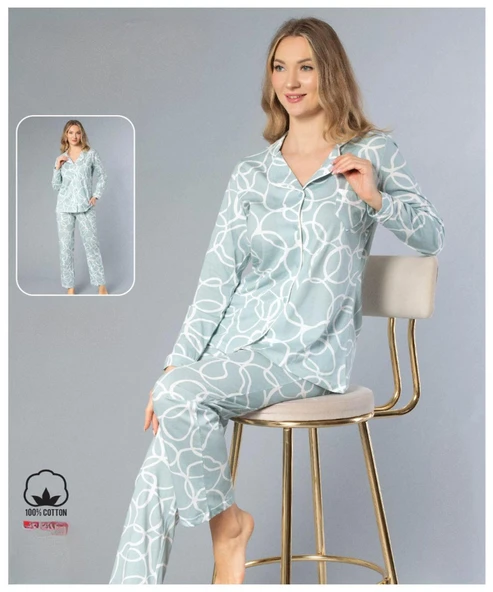 Melodi Kadın Standart Kalıp %100 PAMUK Önden Düğmeli Uzun Kol Baharlık Pijama Takımı 16153- 1 Adet  M Açık Mavi ürün görseli 1
