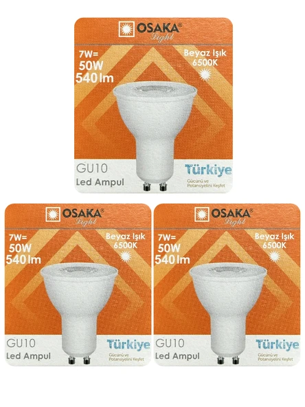 (3 Adet) Osaka 7W (50W) Beyaz Işık (6500K) GU10 Duylu Led Spot Ampul ürün görseli 1