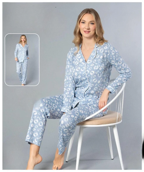 Melodi Kadın Standart Kalıp %100 PAMUK Önden Düğmeli Uzun Kol Baharlık Pijama Takımı 16148- 1 Adet  XL Açık Mavi ürün görseli 1