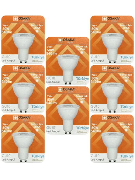 (8 Adet) Osaka 7W (50W) Beyaz Işık (6500K) GU10 Duylu Led Spot Ampul ürün görseli 1