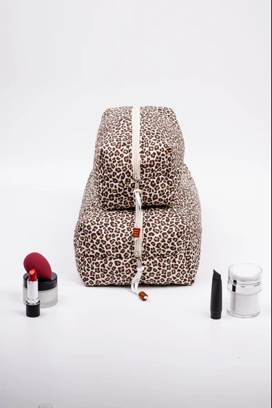 Makyaj Çantası 2 Li Set Leopar Desenli - Resim 4