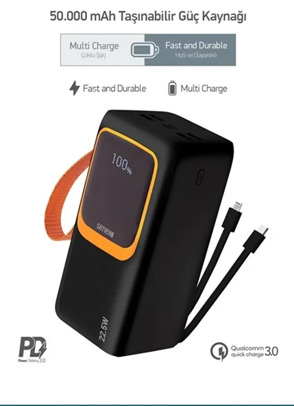 Simex 50.000 Mah Powerbank 50000 mah PD Fenerli Hızlı Şarj Kablolu Taşınabilir Şarj Cihazı Type c ürün görseli 1