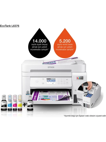 Epson EcoTank L6376 Wi-Fi + Tarayıcı + Fotokopi Renkli Çok Fonksiyonlu Tanklı Mürekkep Püskürtmeli Yazıcı ürün görseli 1