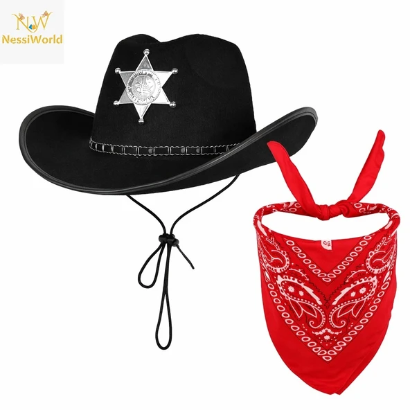 Çocuk Kovboy Şapka Rozetli Siyah & Kırmızı Bandana Seti ürün görseli 1