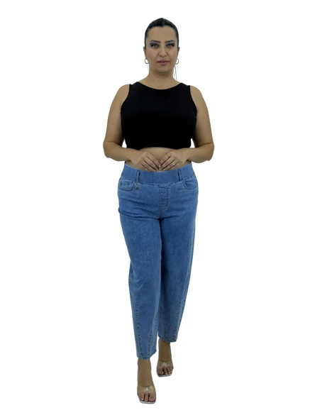 Büyük Beden Denim Mom Yüksek Bel Paça Taş Detaylı Kadın Pantolon ürün görseli 1