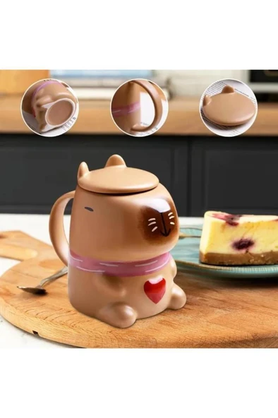 Kapaklı Capybara Kalp Seramik Kupa Bardak Kapibara Sevgiliye Hediye Kulplu Kahve Süt Bardağı Mug Fincan ürün görseli 1