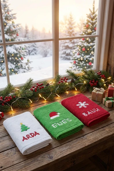 Kişiye Özel Yılbaşı Havlu Seti – İsimli Nakışlı El Havlusu (Çam Ağacı / Noel Şapkası / Kar Tanesi) 30x50 cm 3 lü set | Yeni Yıl Hediyesi ürün görseli 1