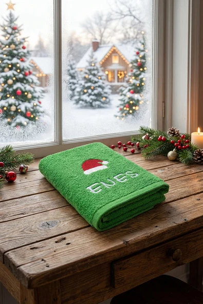 Kişiye Özel Yılbaşı Havlusu – İsimli Nakışlı Noel Temalı El Havlusu  30x50 cm Yeşil| Yeni Yıl Hediyesi ürün görseli 1