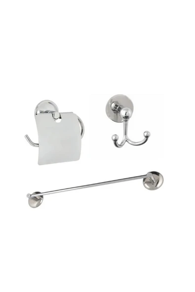 Yapışkanlı Krom Üçlü Banyo Aksesuar Seti - Uzun Havluluk - Banyo Askısı - Tuvalet Kağıtlık ürün görseli 1