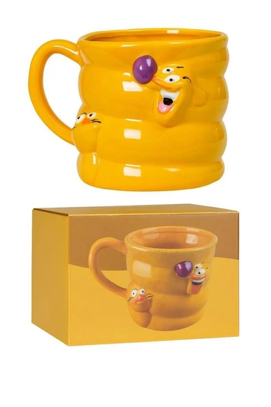 Sarı Kedili Köpekli Seramik 3D Kupa Bardak Sevgiliye Hediye Kulplu Kahve Çay Bardağı Mug Fincan ürün görseli 1